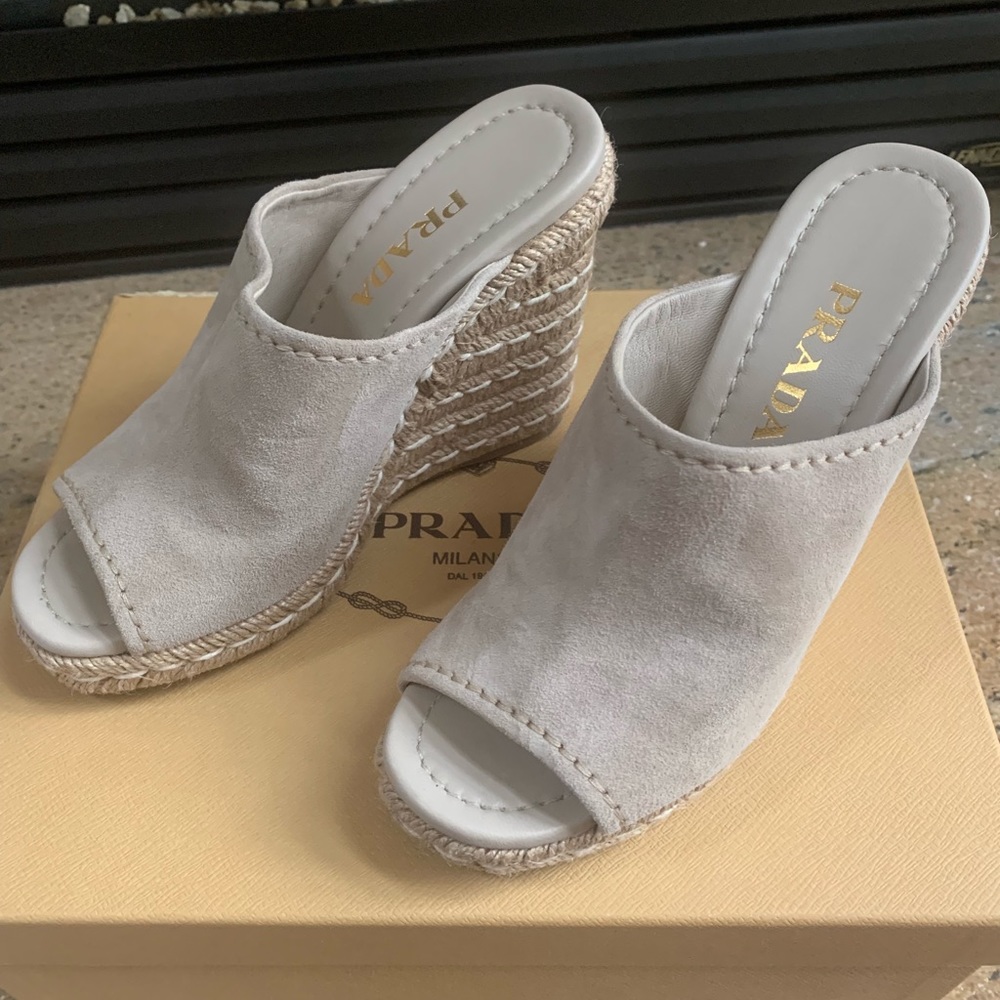 Prada Suede Wedge Espadrille Mule Sandal
